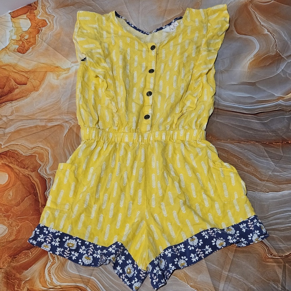 Matilda Jane Girls Yellow Romper Size 12 Blue Floral Trim Button Front